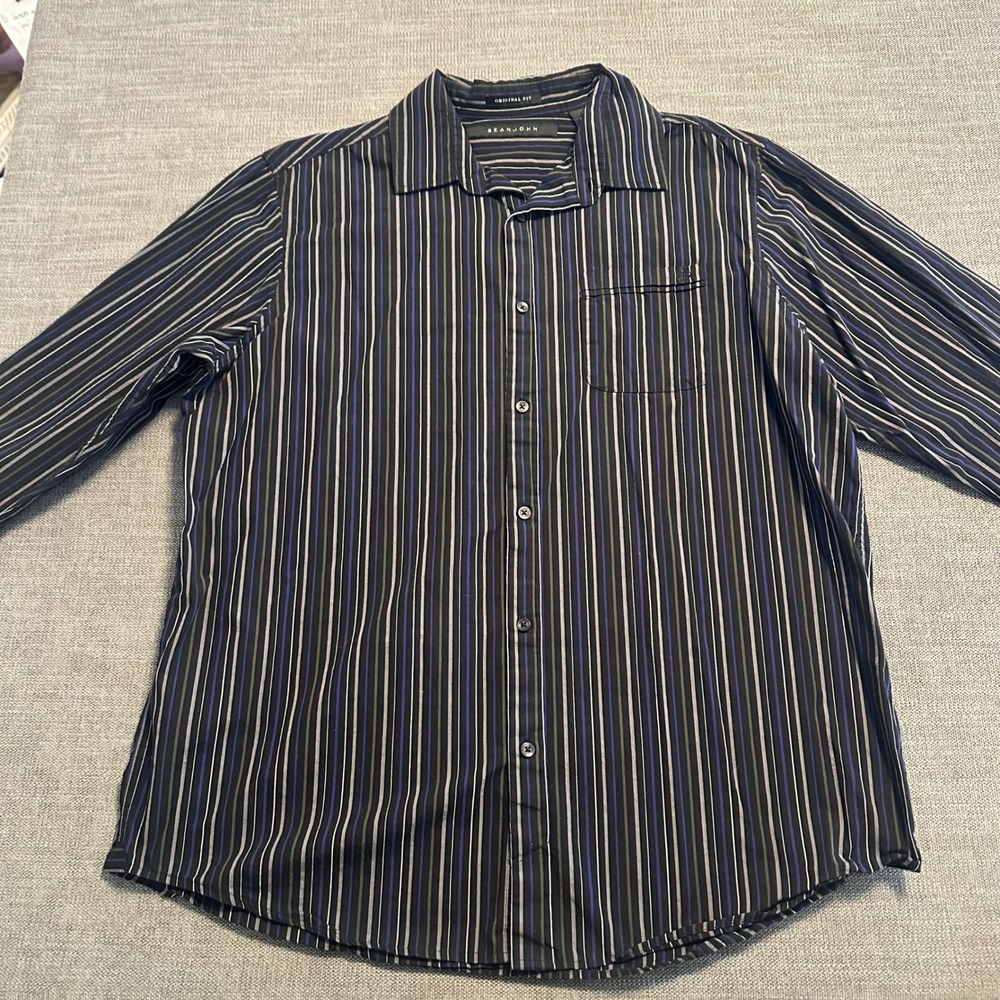 Sean John Button Down Shirt Mens XL Black Blue Striped Long Sleeve